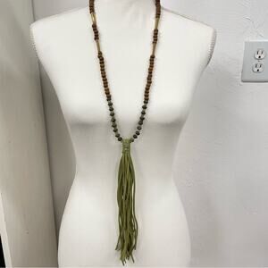 Fabulina Brown & Green Beaded Long Tassel Boho Necklace